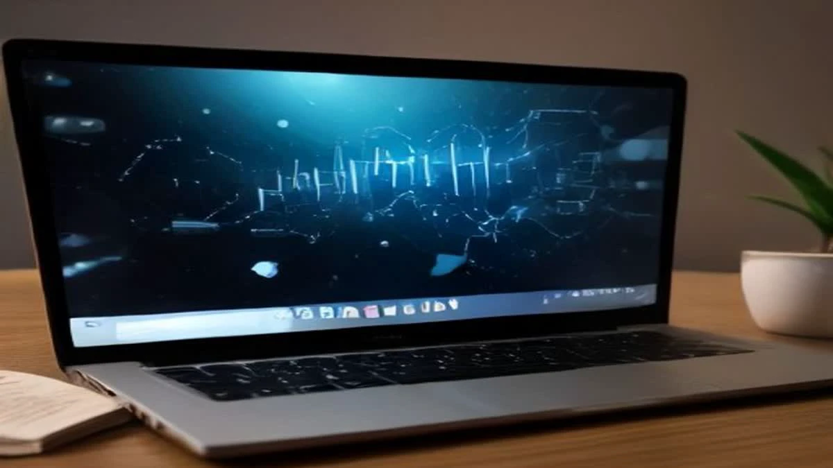 A laptop on a coffee table at night with abstract rounded speech bubbles glowing on the screen